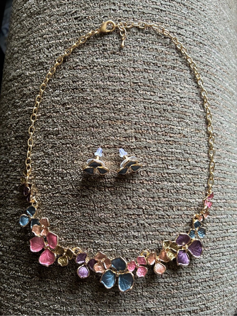 Pink and blue set. Blue and pink necklace and matching stud earrings.